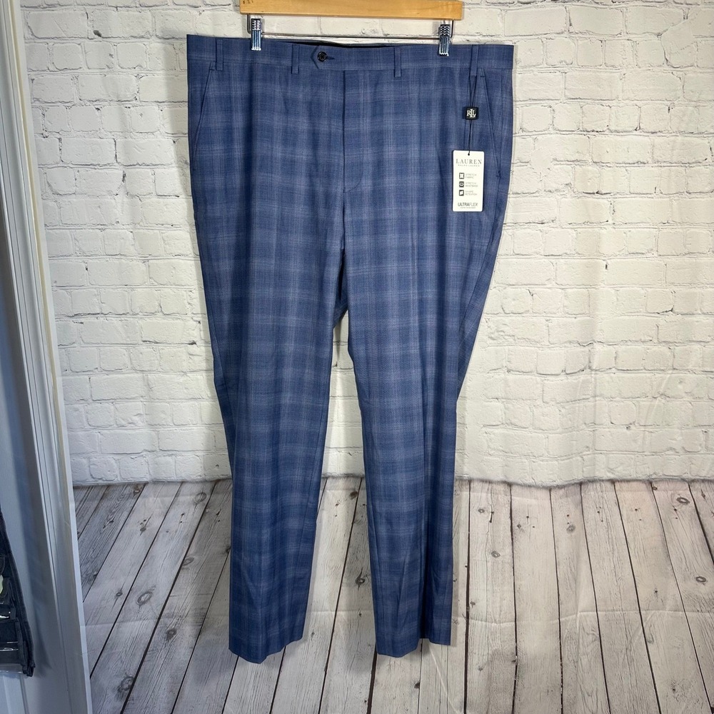 Lauren Ralph Lauren Mens 42W‎ x 32L Blue Plaid Ultraflex Classic Fit Suit Pants